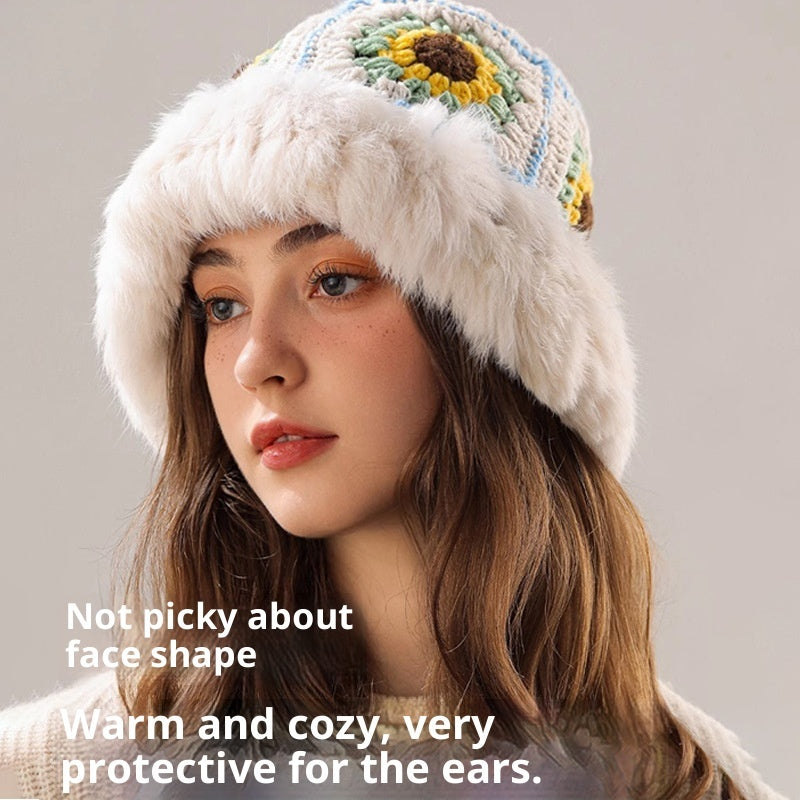 Rabbit Fur Knitted Warm-keeping And Cold-proof Handmade Crochet Bucket Hat