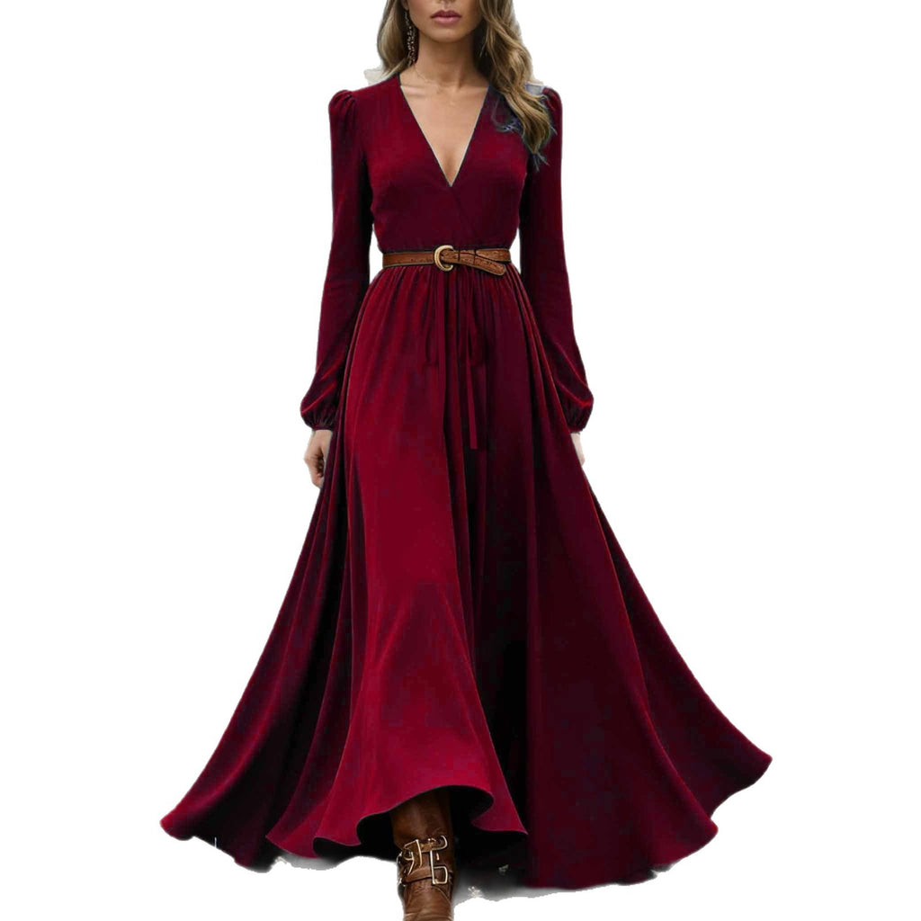 Elegant Western Style Cross Collar Long Sleeve Dress