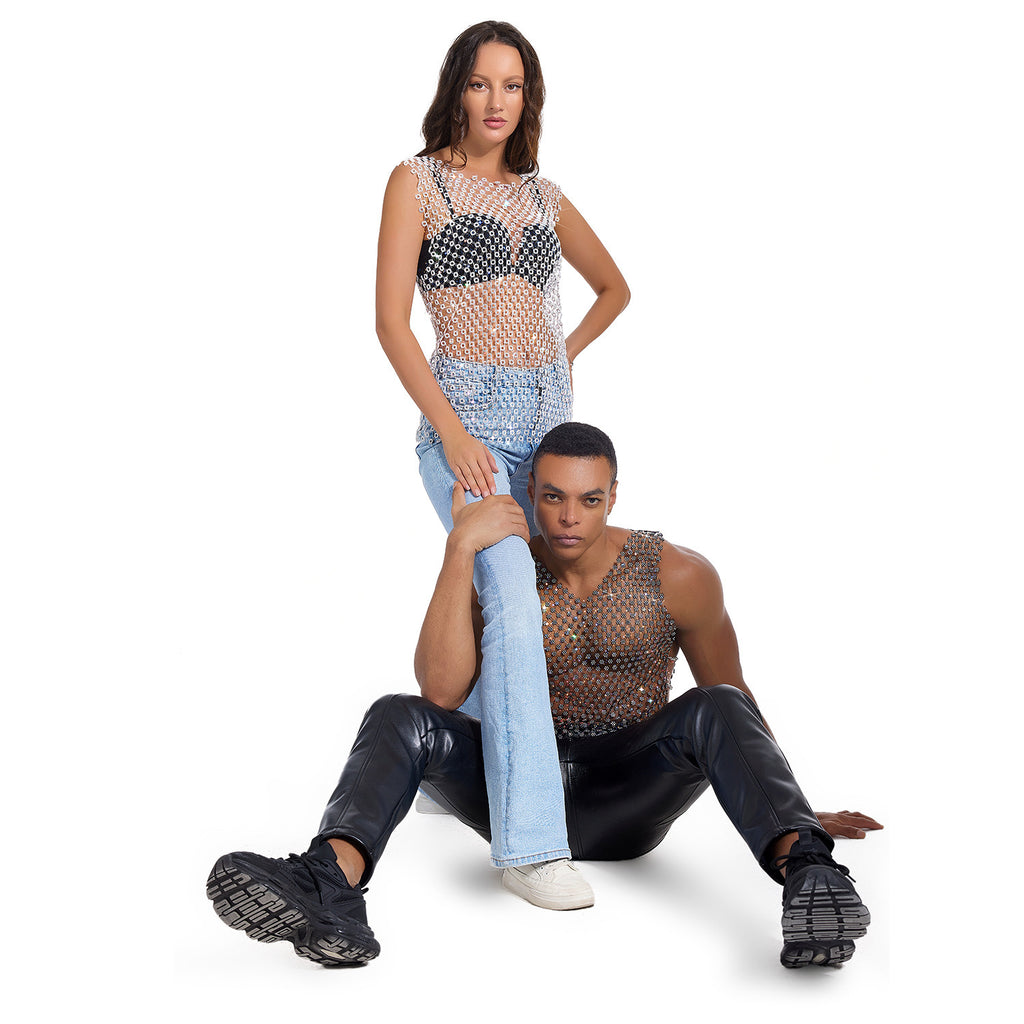 Round Neck Rhinestone Sheer Top Bottoming Shirt Men