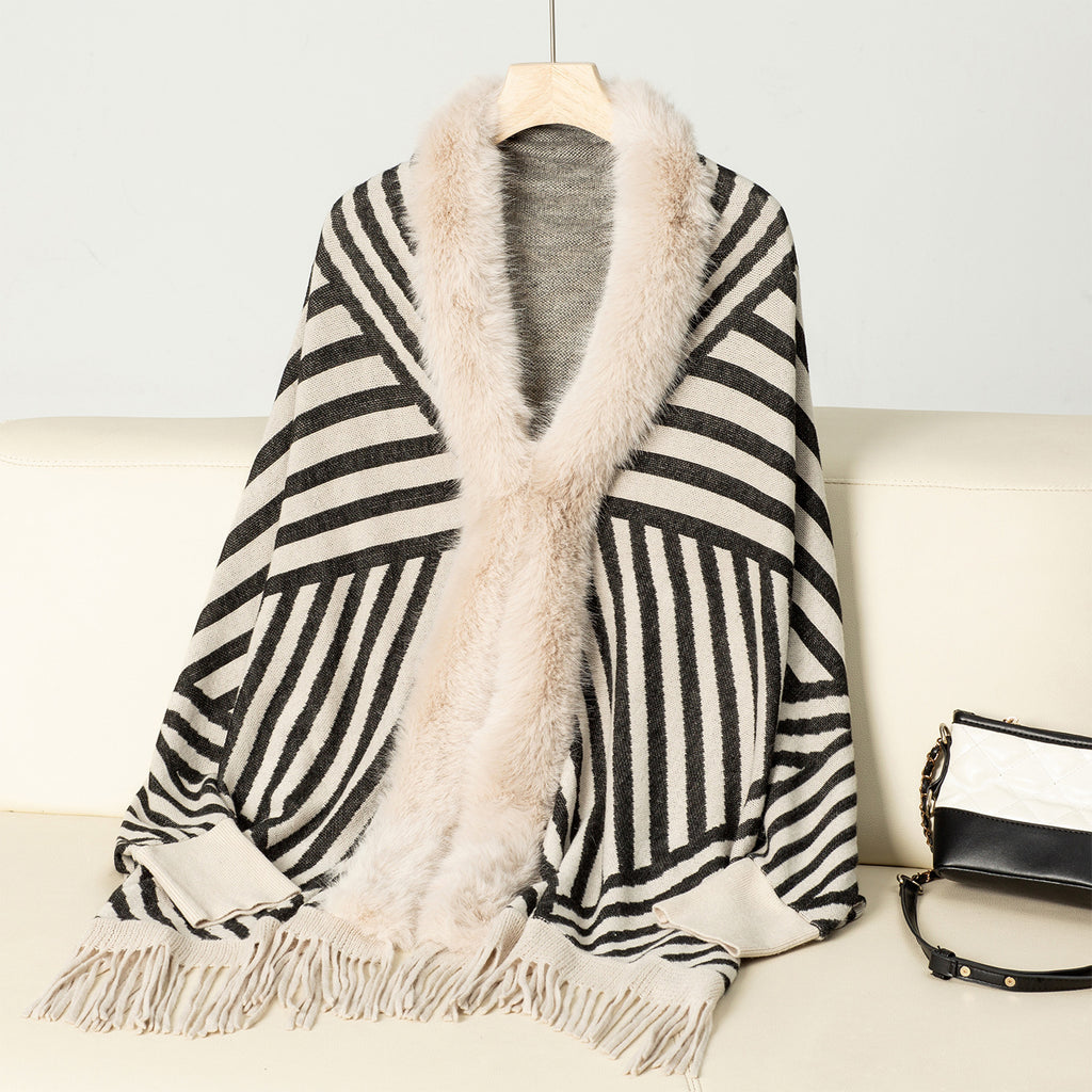 European And American Fall Winter Fashion Striped Tassel Knitted Shawl Cape