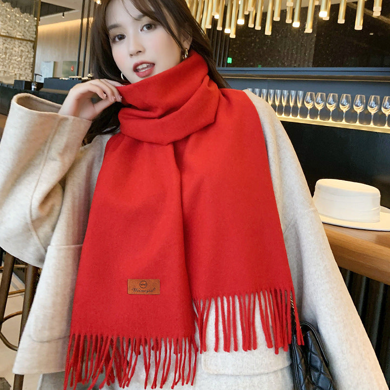 Solid Color Cashmere-like Bristle Scarf Ladies Tassel Warm Gift