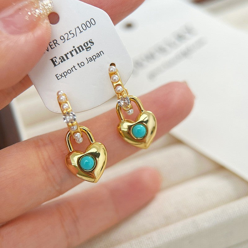 Blue Turquoise Vintage Simple And Versatile C Hoop Gold Silver Earrings