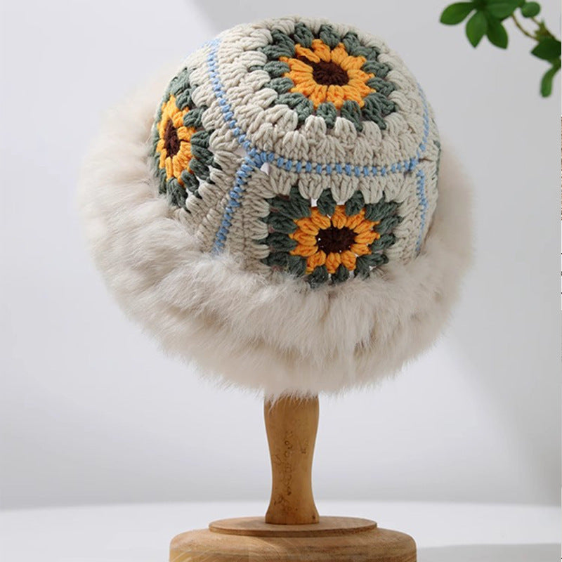 Rabbit Fur Knitted Warm-keeping And Cold-proof Handmade Crochet Bucket Hat