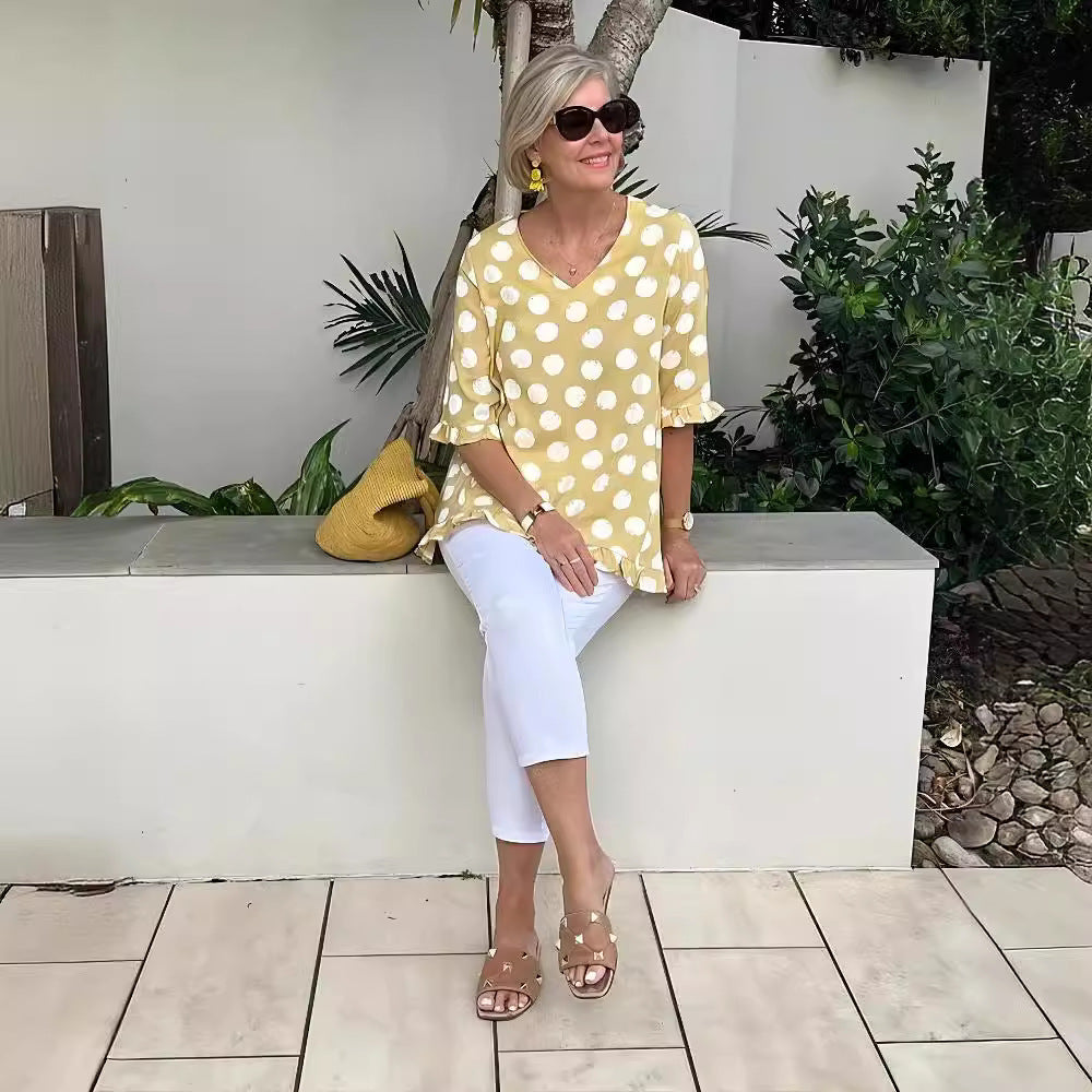 Short Sleeve V-collar Polka Dot Printed Cotton And Linen T