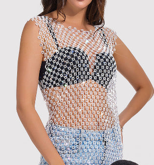 Round Neck Rhinestone Sheer Top Bottoming Shirt Men