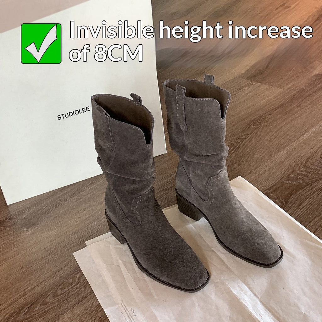 Height-increasing 8cm Round Toe Chunky Heel Slimming High Shaft Ankle Boots