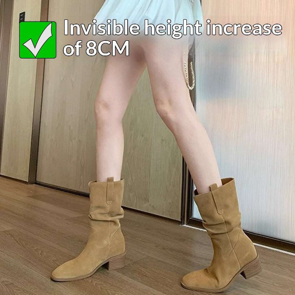 Height-increasing 8cm Round Toe Chunky Heel Slimming High Shaft Ankle Boots