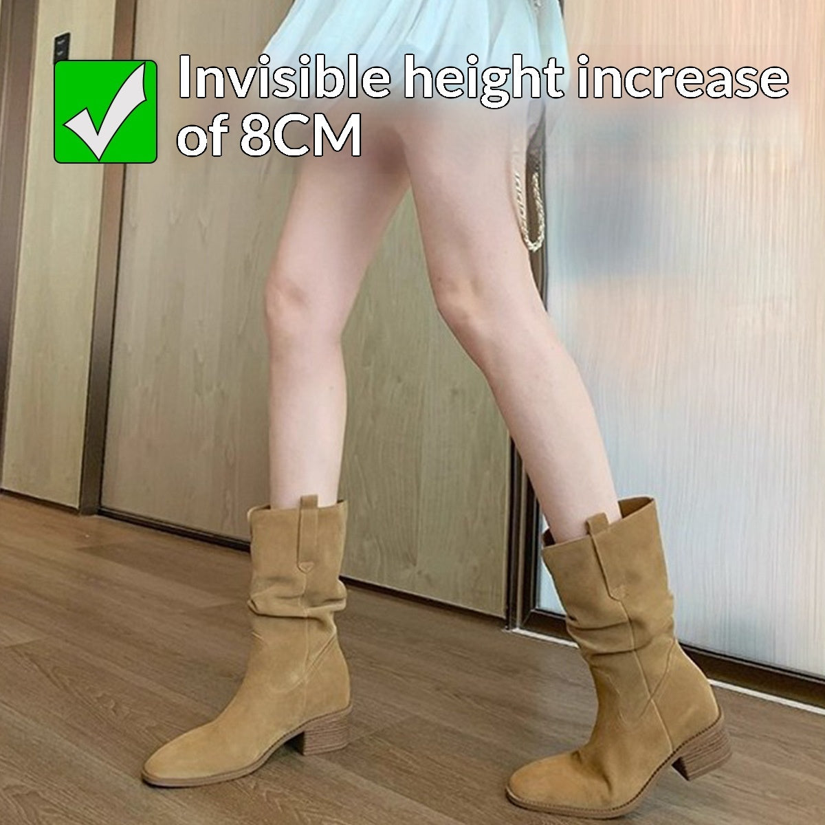 Height-increasing 8cm Round Toe Chunky Heel Slimming High Shaft Ankle Boots