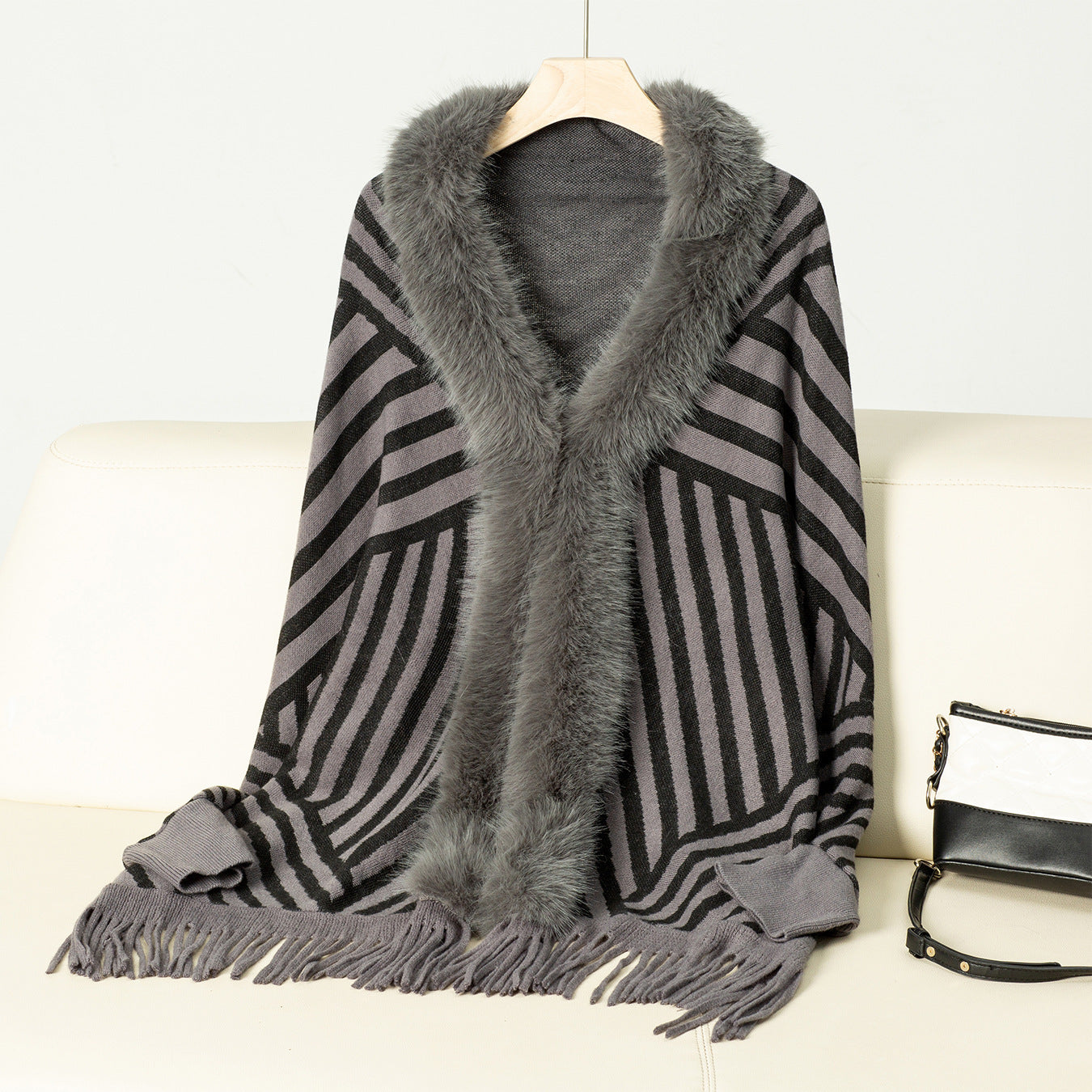 European And American Fall Winter Fashion Striped Tassel Knitted Shawl Cape