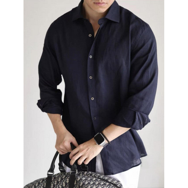 Cotton Linen Blended Yarn-dyed Long-sleeved Casual Business Style Solid Color Shirt