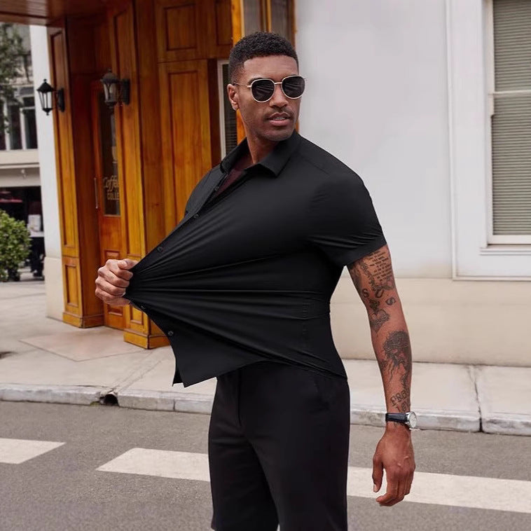 High Elasticity Men's Seamless Wrinkle-free Ice Silk Short Sleeve Shirt