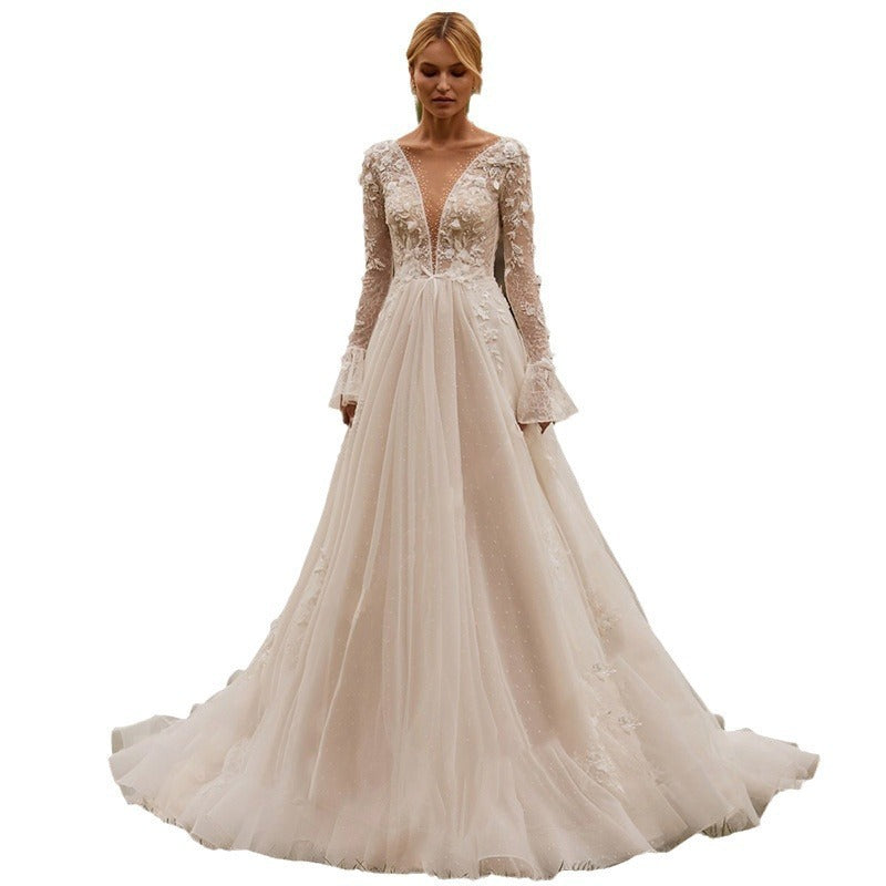 Sexy See-through Wedding Long Sleeve Embroidered Deep V Puffy Wedding Dress