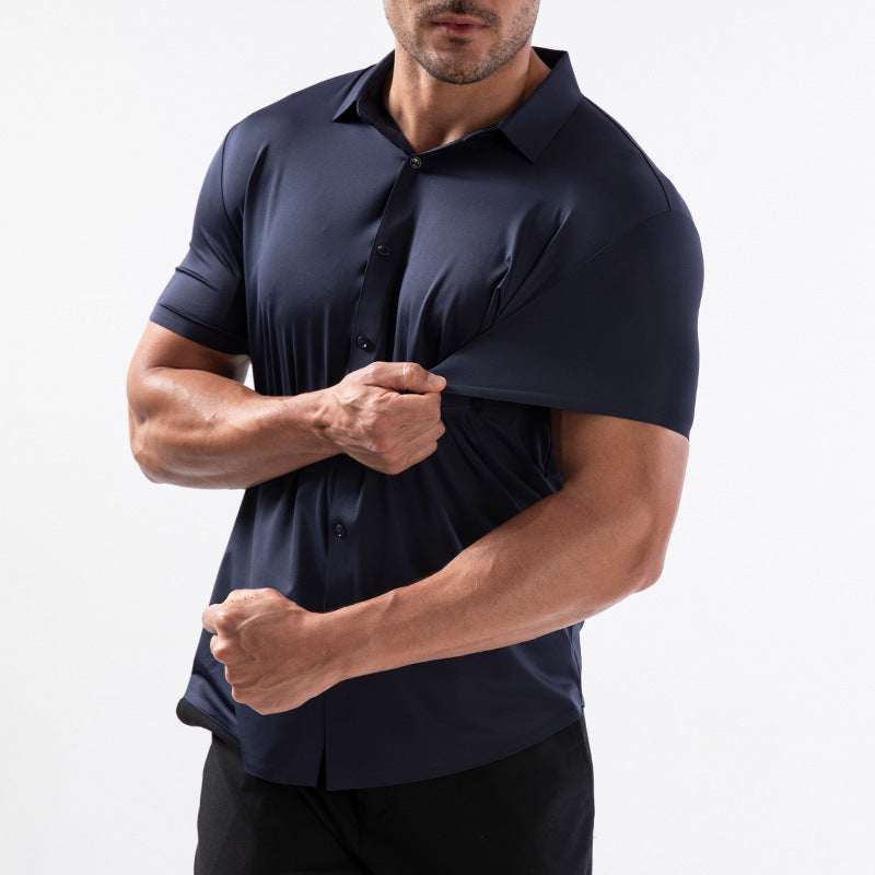 High Elasticity Men's Seamless Wrinkle-free Ice Silk Short Sleeve Shirt