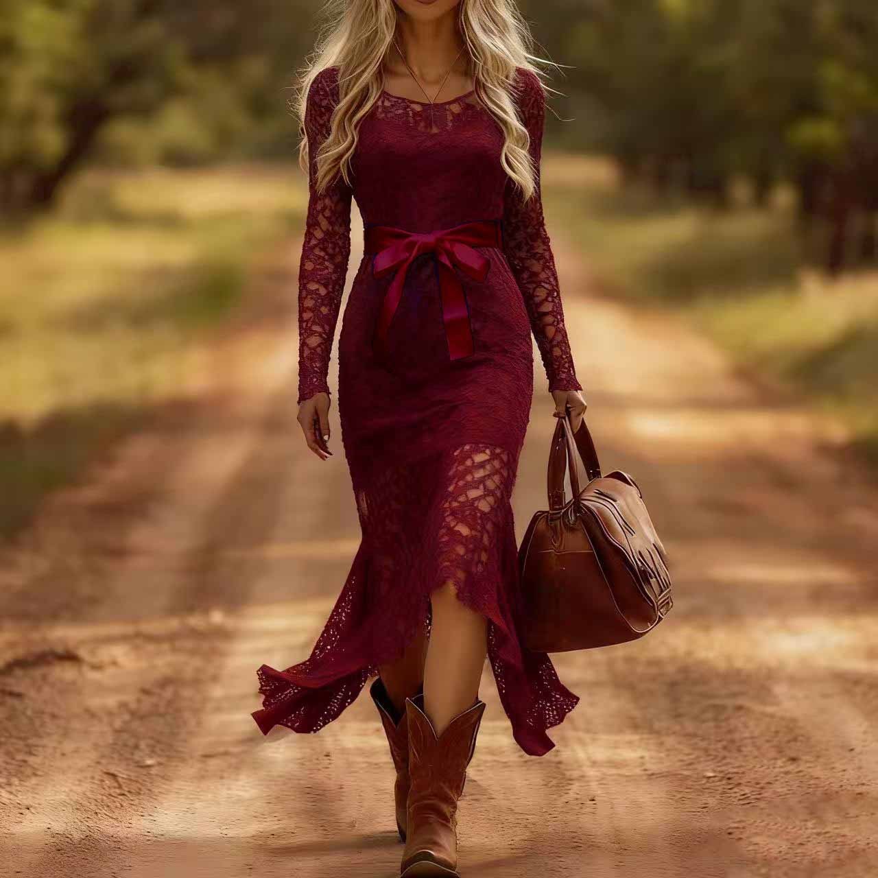 Elegant Western Style Fishtail Skirt Long Sleeve Lace Dress