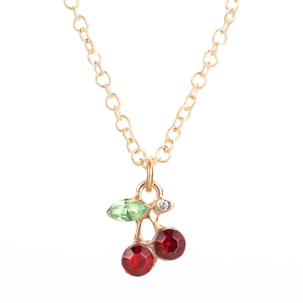 Fashionable And Cute Diamond Red Cherry Necklace