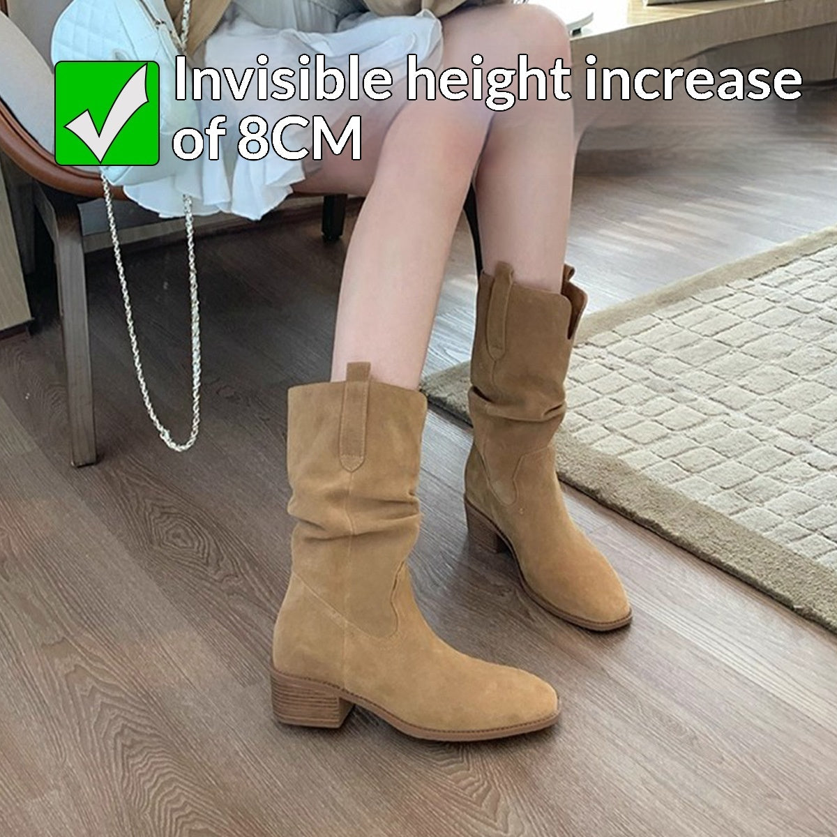 Height-increasing 8cm Round Toe Chunky Heel Slimming High Shaft Ankle Boots