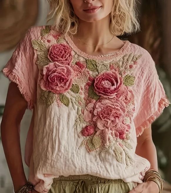 Women's Bohemian Style Floral Embroidered Round Neck T-shirt