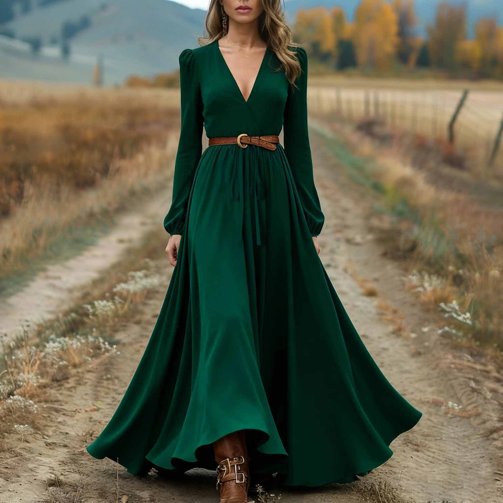 Elegant Western Style Cross Collar Long Sleeve Dress