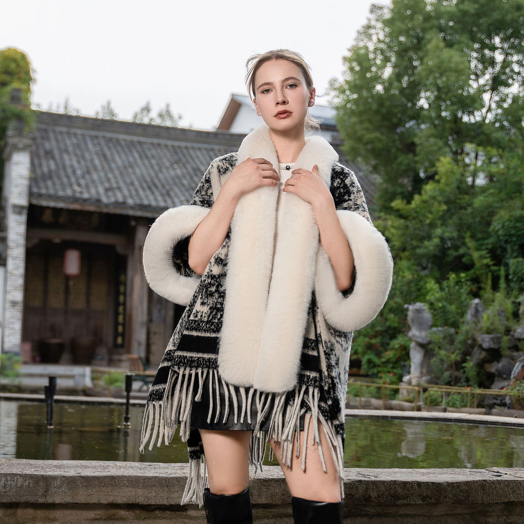 New Knitted Thickened Shawl Cape Vintage Fur Collar