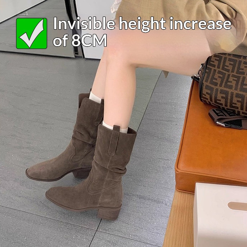 Height-increasing 8cm Round Toe Chunky Heel Slimming High Shaft Ankle Boots