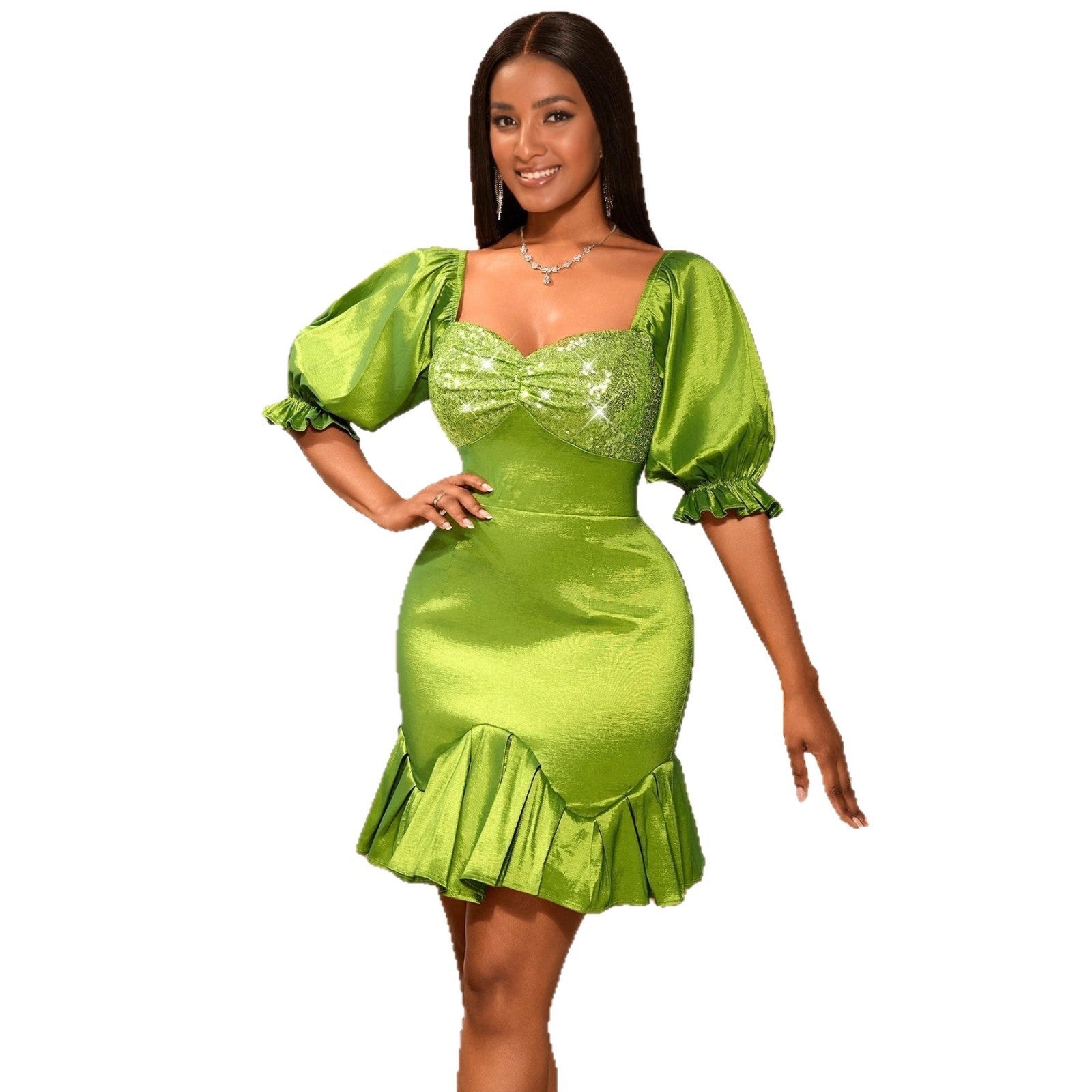 Sequin Stitching Ruffled Banquet Sheath Evening Dress