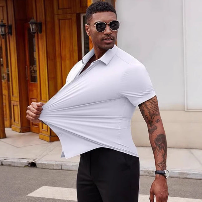 High Elasticity Men's Seamless Wrinkle-free Ice Silk Short Sleeve Shirt