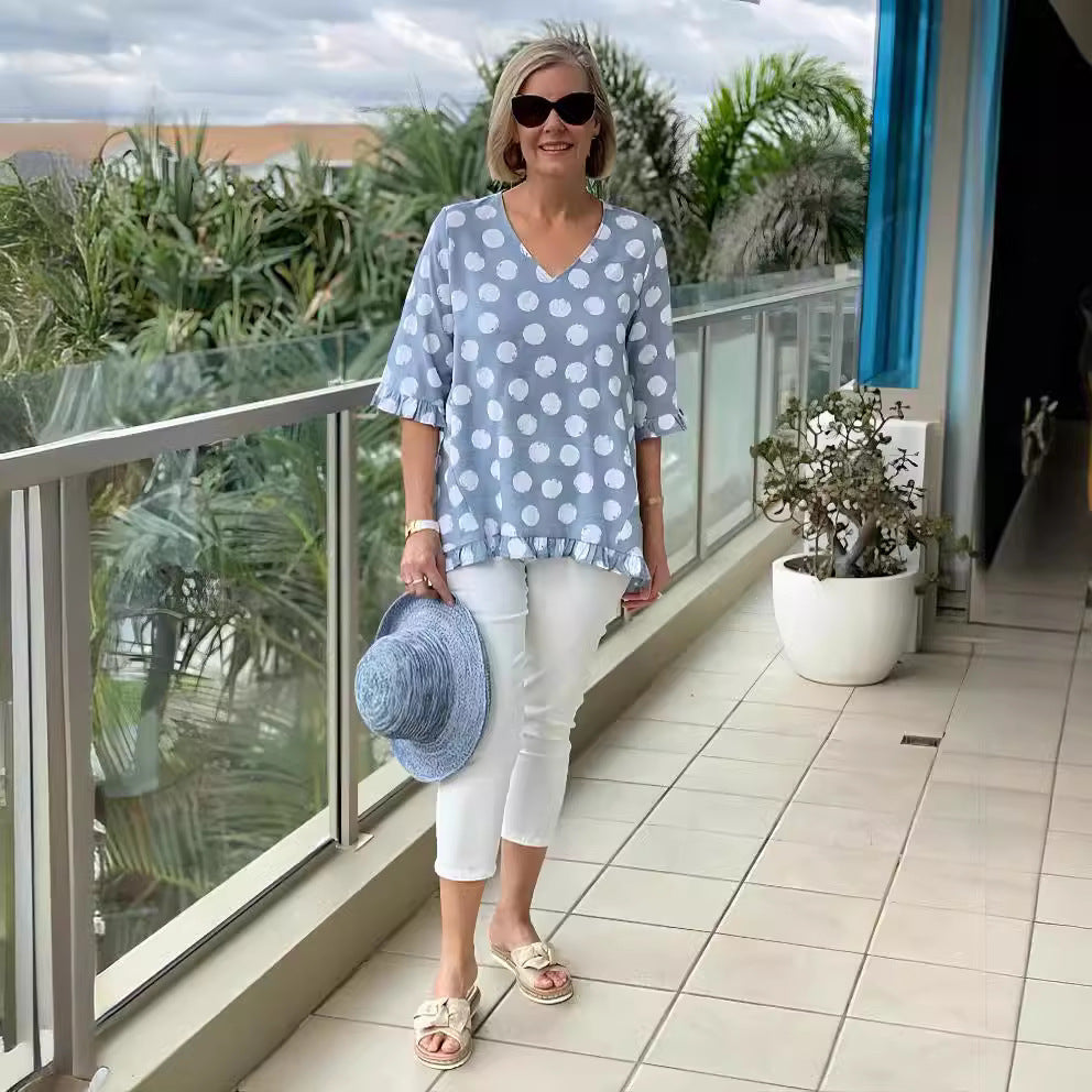 Short Sleeve V-collar Polka Dot Printed Cotton And Linen T