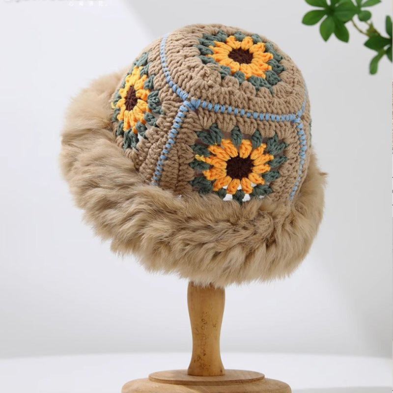 Rabbit Fur Knitted Warm-keeping And Cold-proof Handmade Crochet Bucket Hat