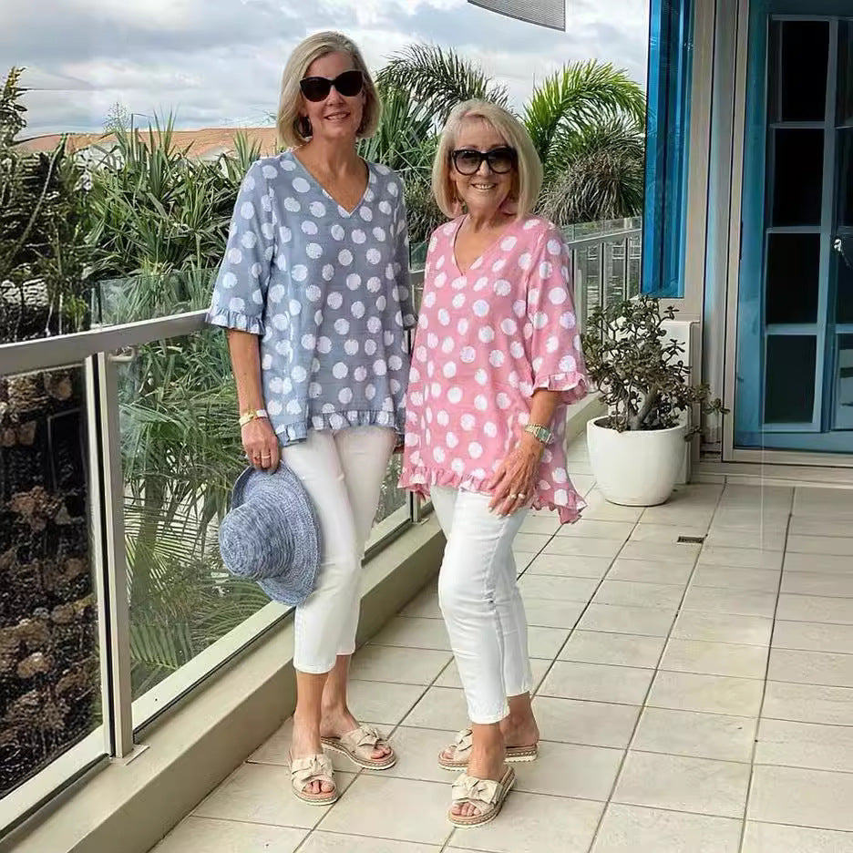 Short Sleeve V-collar Polka Dot Printed Cotton And Linen T