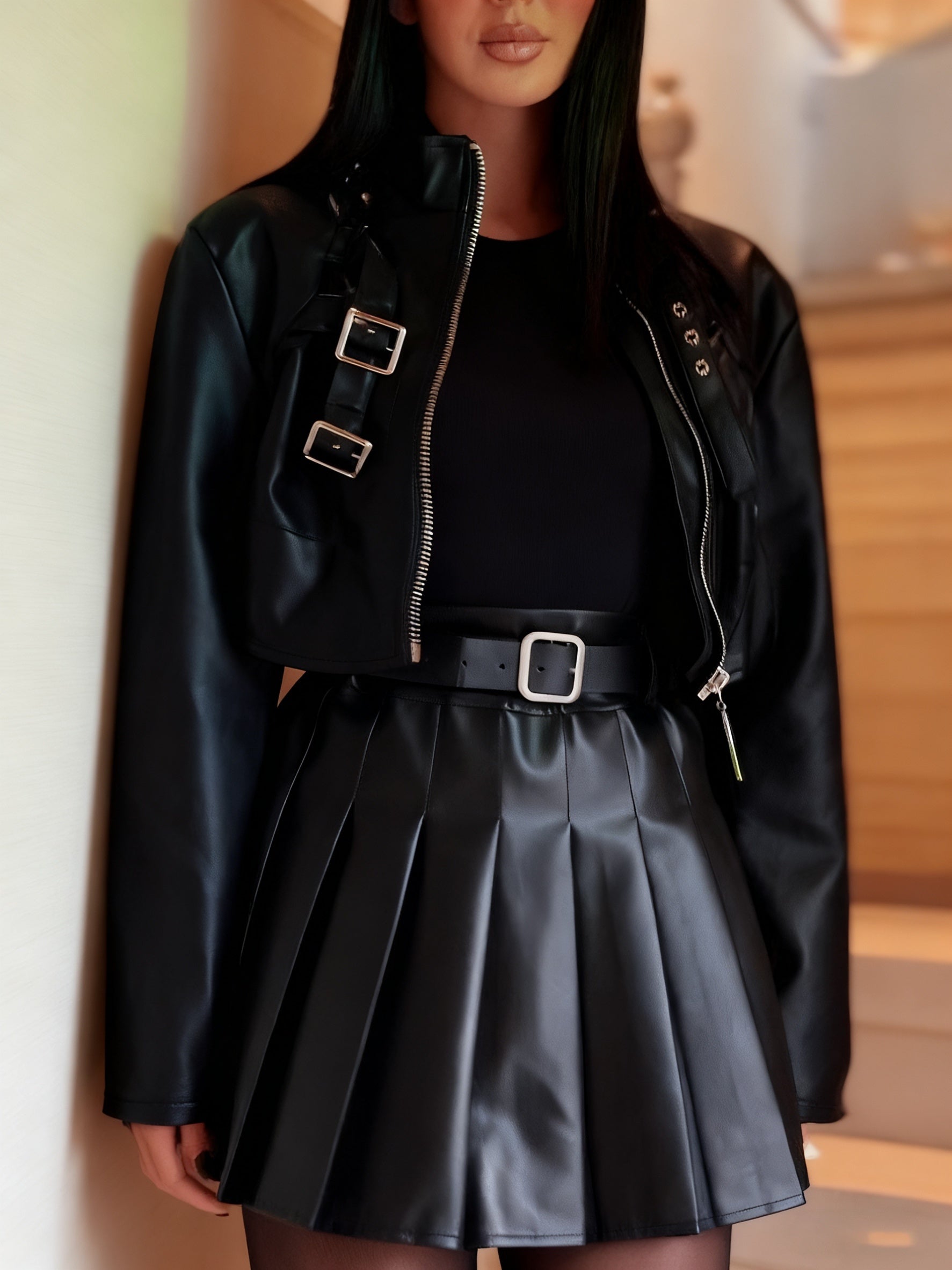 Black Faux Leather Cropped Jacket And Pleated Mini Skirt Set With Buckle Details