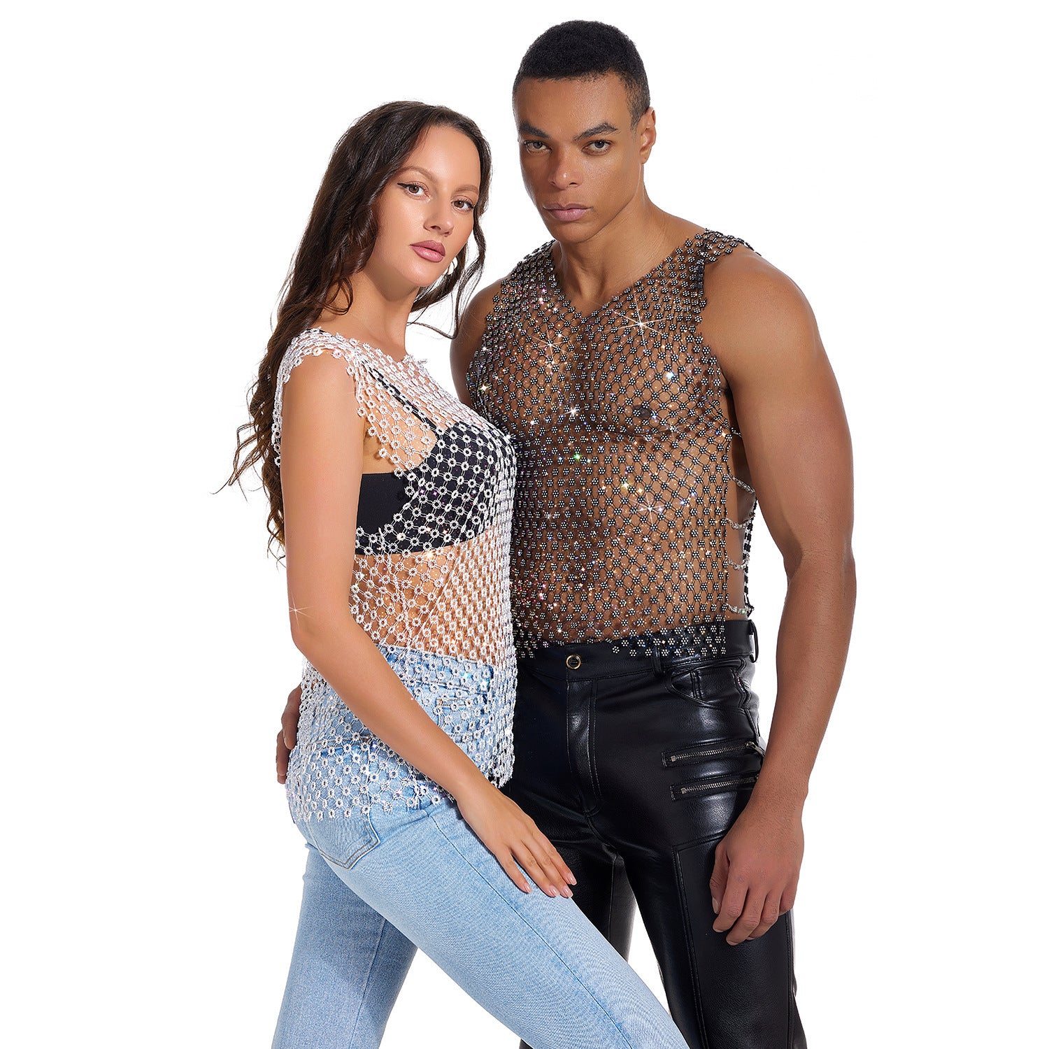 Round Neck Rhinestone Sheer Top Bottoming Shirt Men