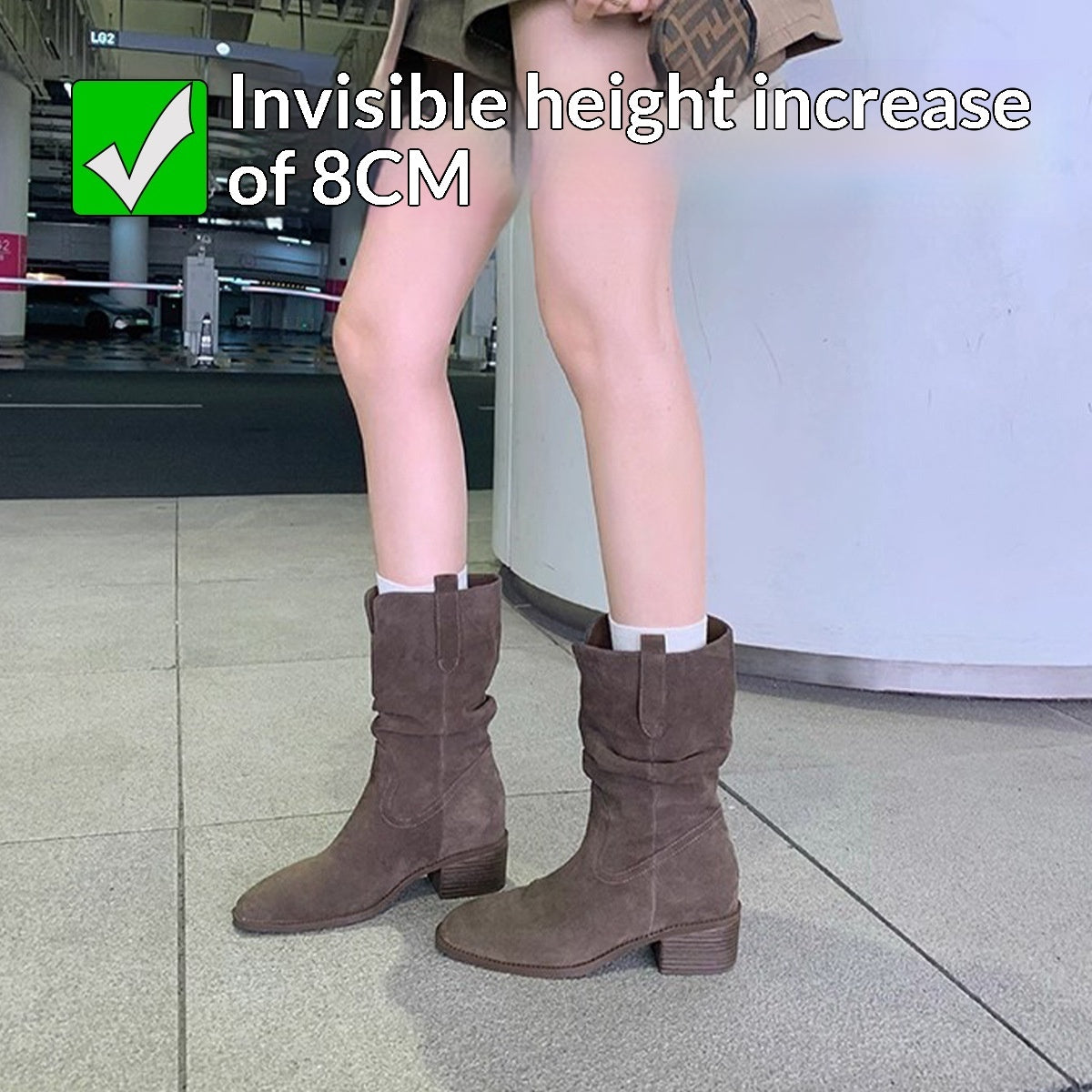 Height-increasing 8cm Round Toe Chunky Heel Slimming High Shaft Ankle Boots