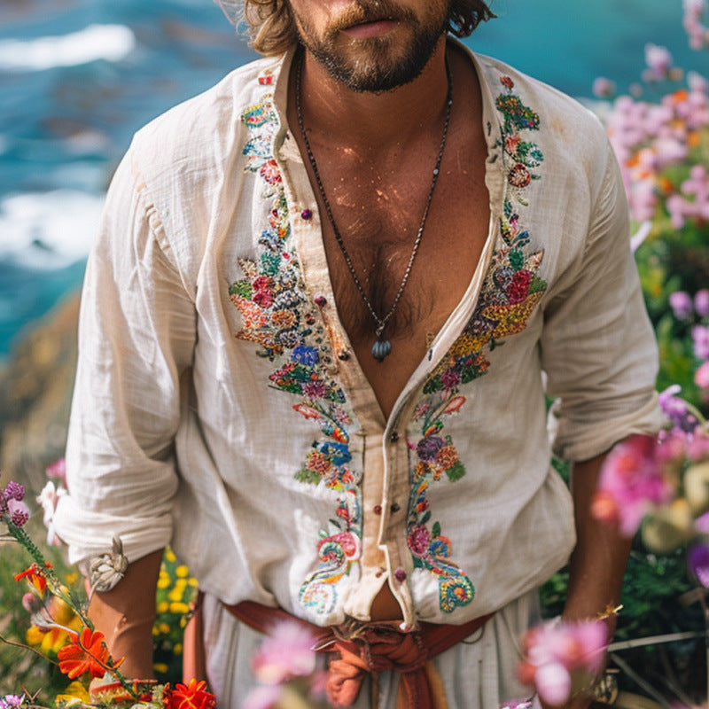 Retro Men's Casual Tops Open Collar Embroidered Shirt