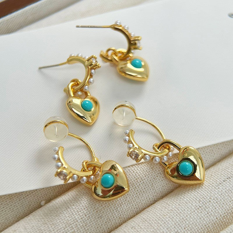 Blue Turquoise Vintage Simple And Versatile C Hoop Gold Silver Earrings