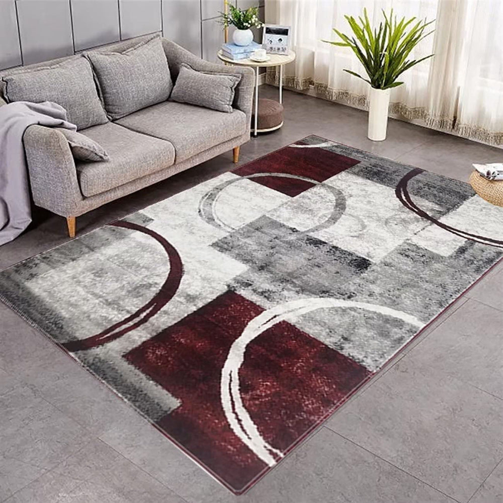Wine Red Gray Geometric Round Carpet