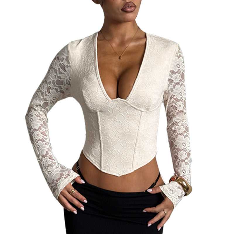 Sexy Bust-enhancing Pure Desire Lace Slim-fit Vintage Waist-cinching Long-sleeved Top