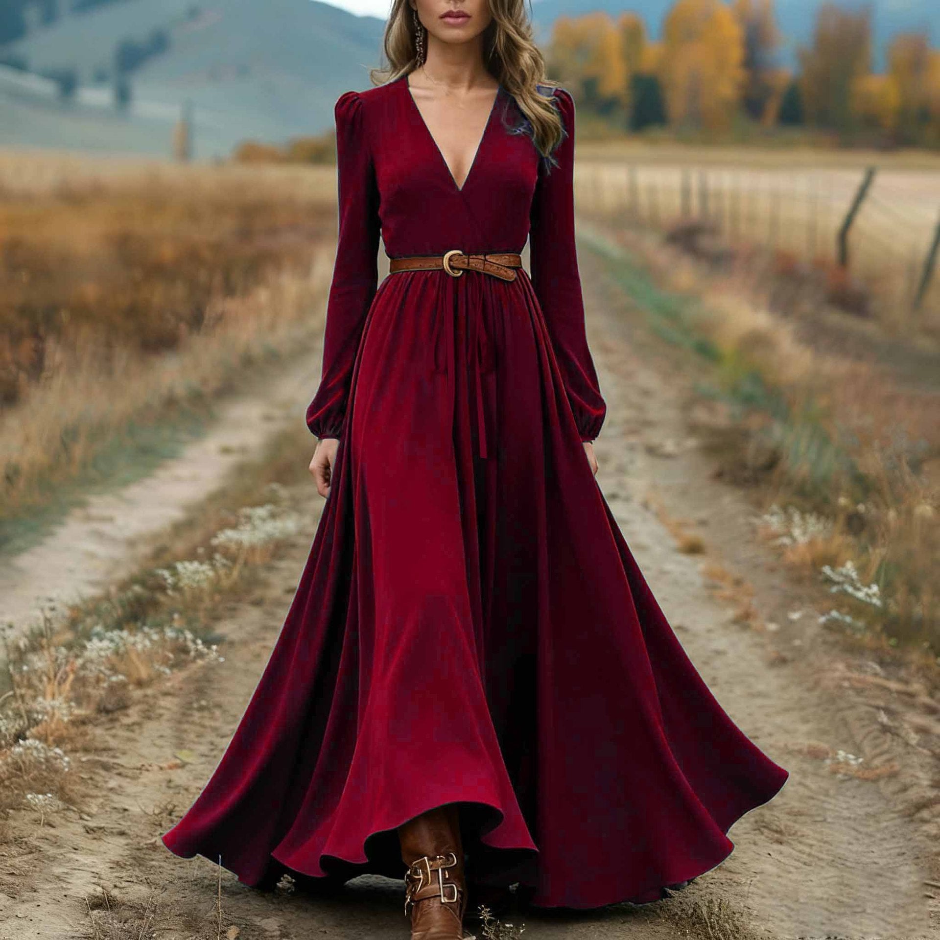Elegant Western Style Cross Collar Long Sleeve Dress