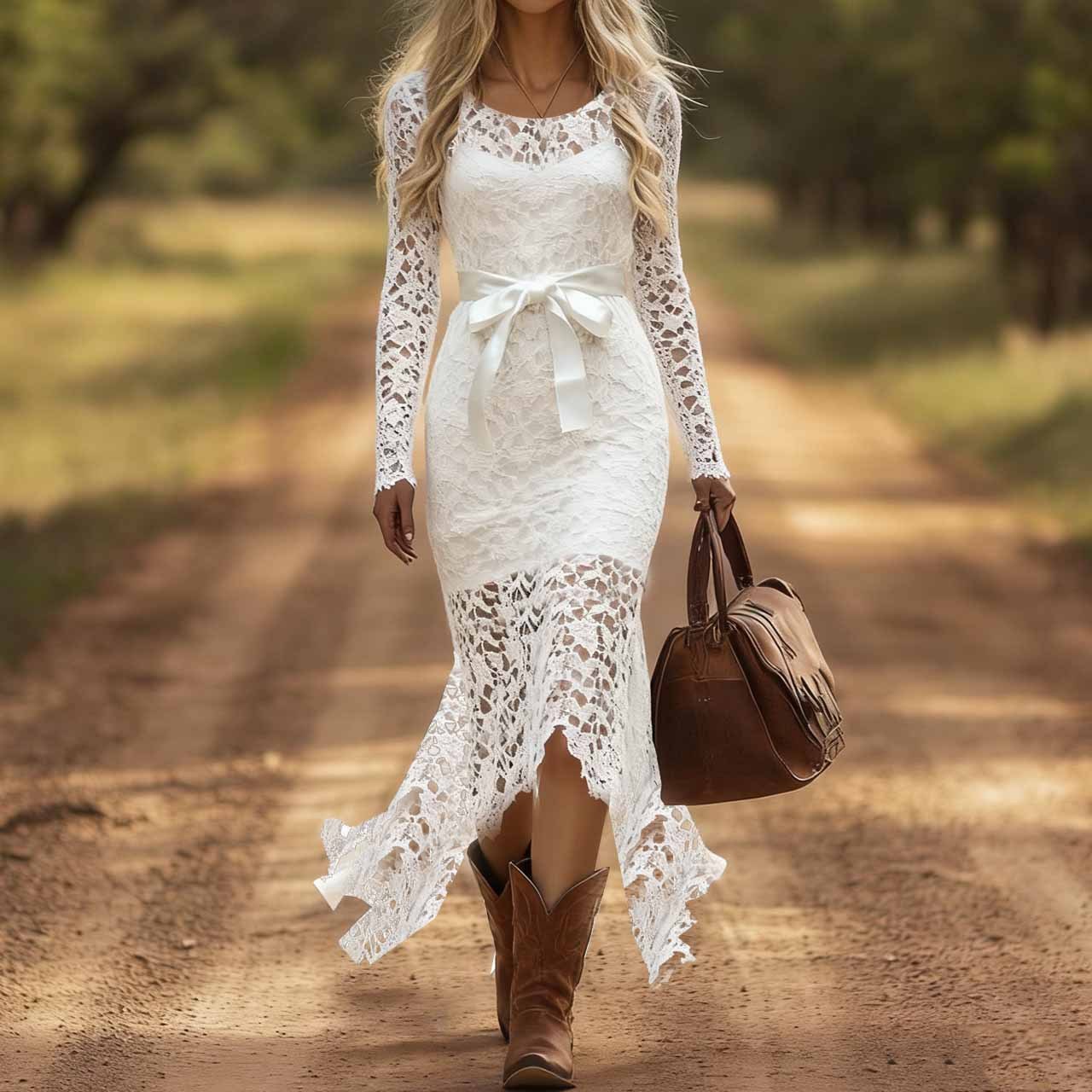 Elegant Western Style Fishtail Skirt Long Sleeve Lace Dress