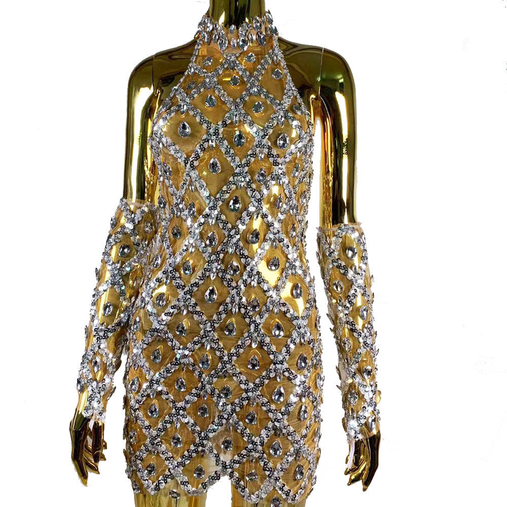 High-end Women's Heavy-duty Rhinestone Plaid Sequined Gloves Ultra-short Dress