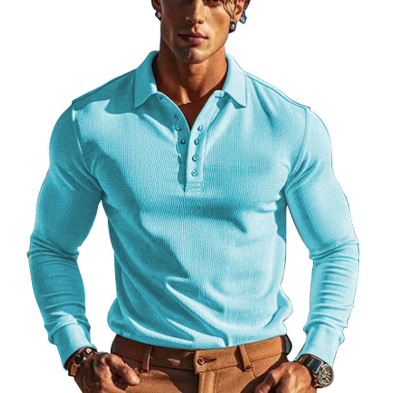 American Men's T-shirt Waffle Casual Polo Collar Button Slim-fit Long Sleeve
