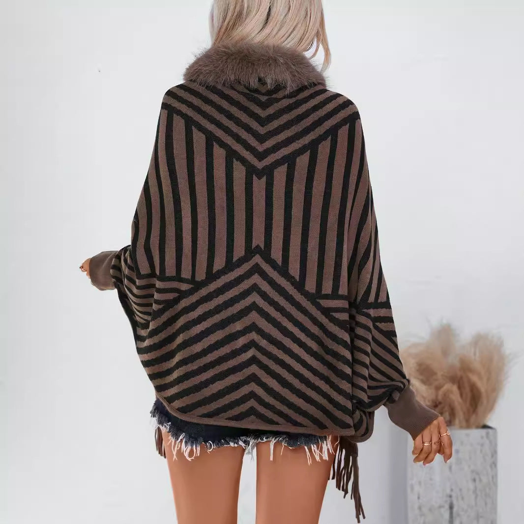 European And American Fall Winter Fashion Striped Tassel Knitted Shawl Cape