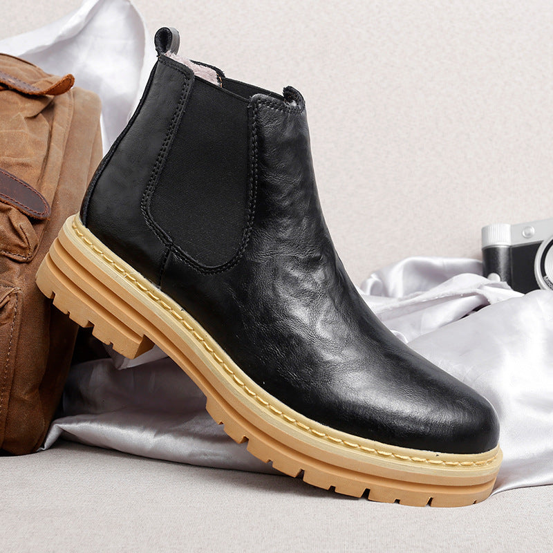 Trendy Thick-soled Work Boots Retro British Style Fleece-lined Men's Boots