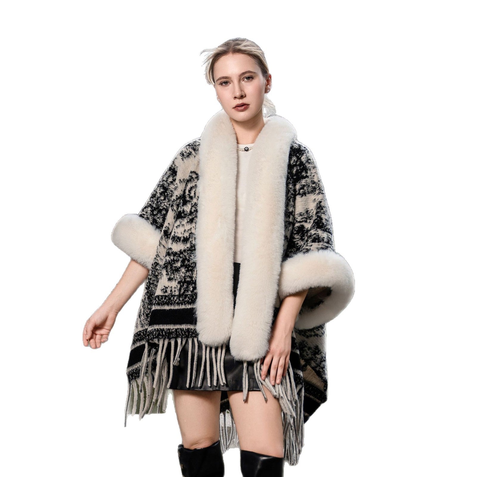New Knitted Thickened Shawl Cape Vintage Fur Collar