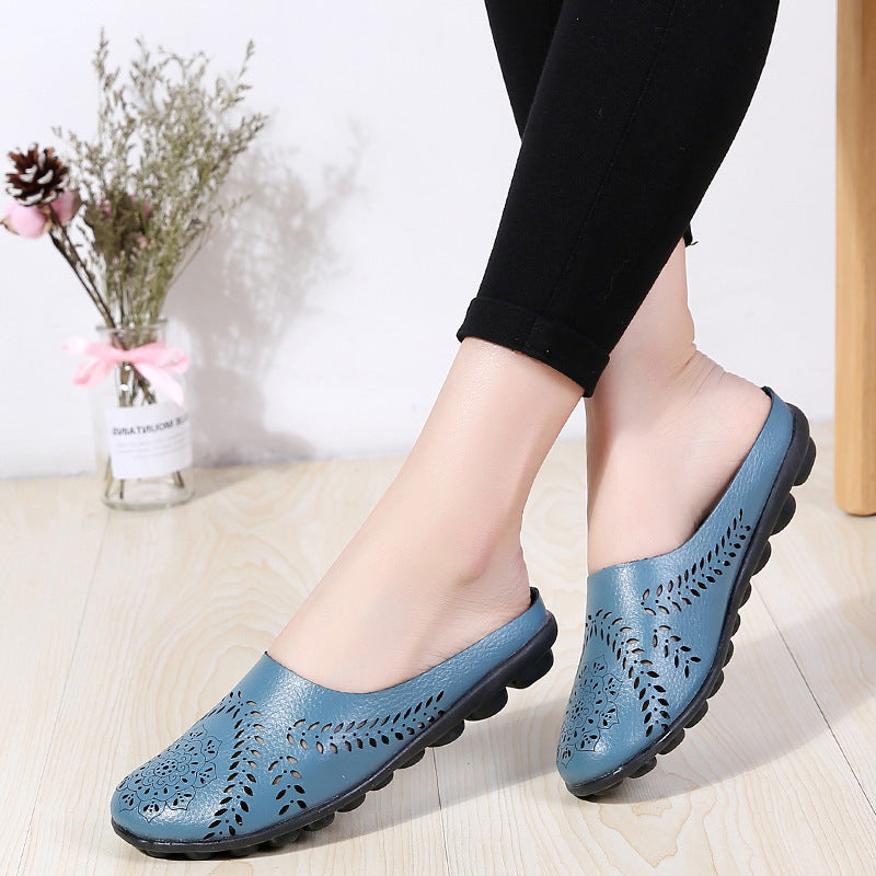 Plus-size Summer Cowhide Peep-toe Half Slippers For Women
