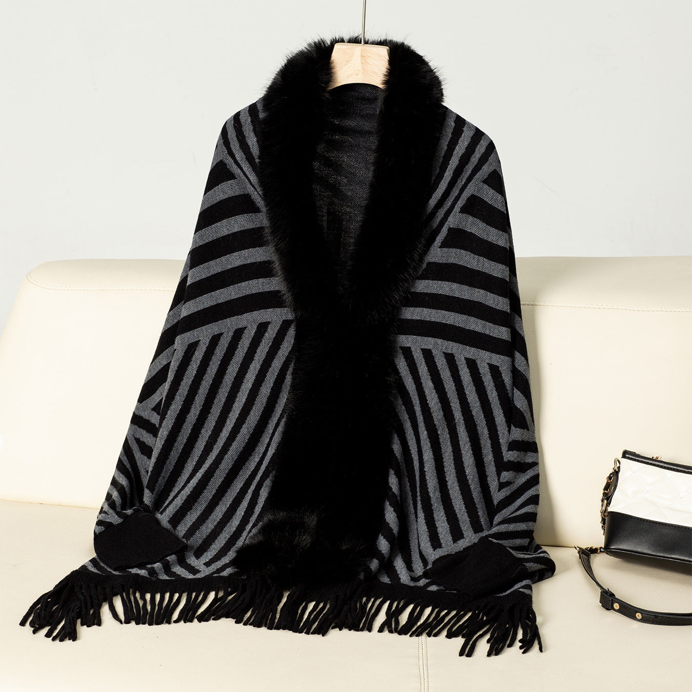 European And American Fall Winter Fashion Striped Tassel Knitted Shawl Cape
