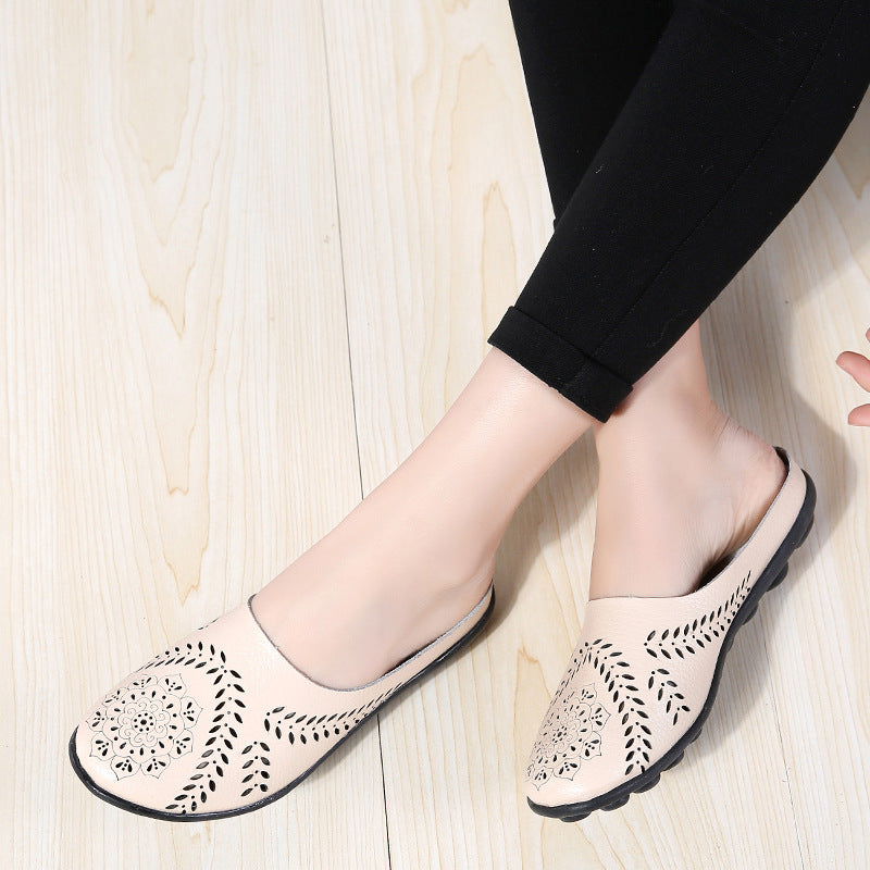 Plus-size Summer Cowhide Peep-toe Half Slippers For Women