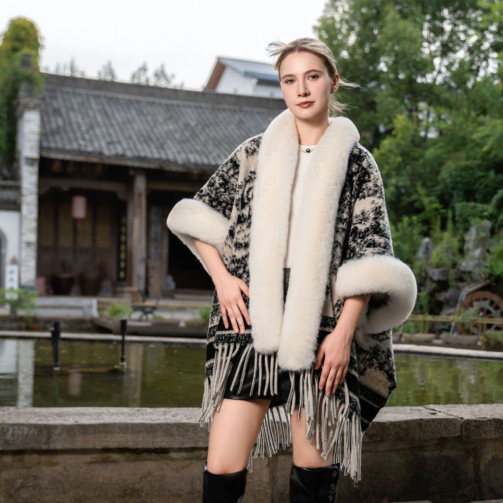 New Knitted Thickened Shawl Cape Vintage Fur Collar