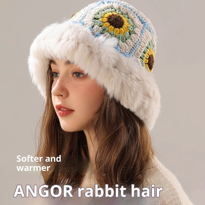 Rabbit Fur Knitted Warm-keeping And Cold-proof Handmade Crochet Bucket Hat