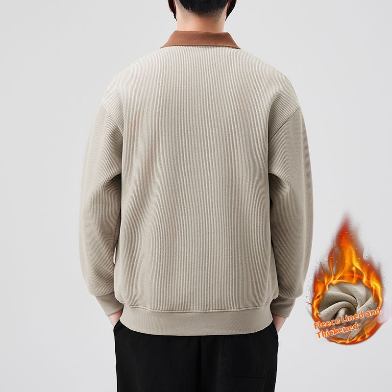 Fleece-lined V-neck Long Sleeve Casual Men's Clothing Polo Collar Top