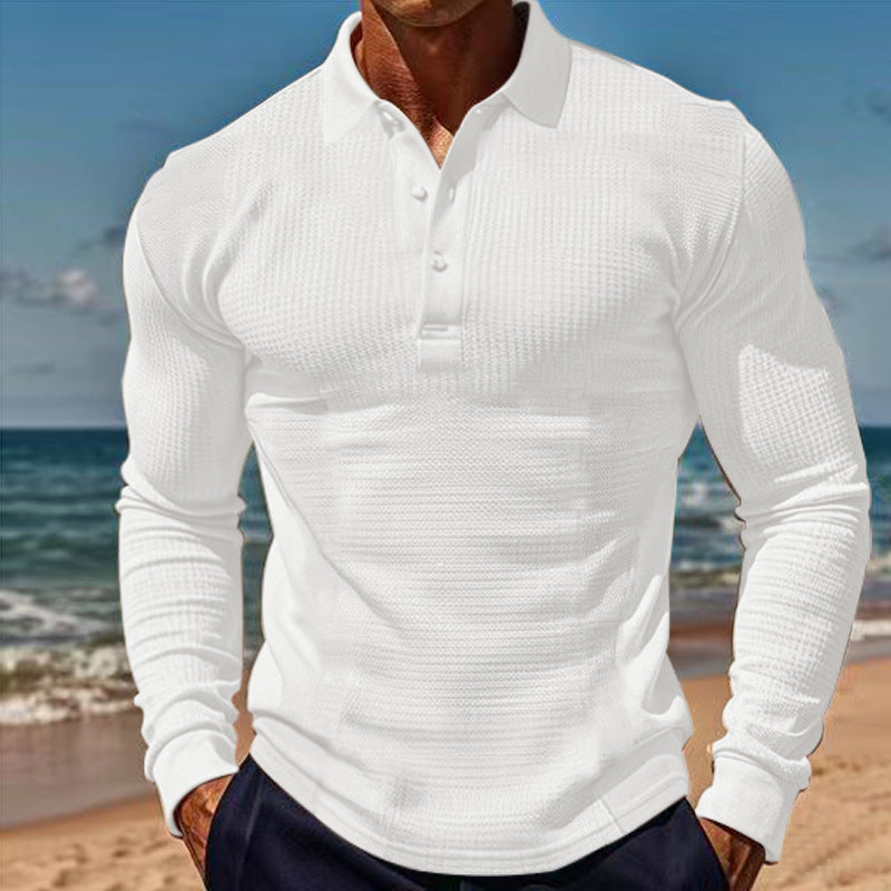 American Men's T-shirt Waffle Casual Polo Collar Button Slim-fit Long Sleeve